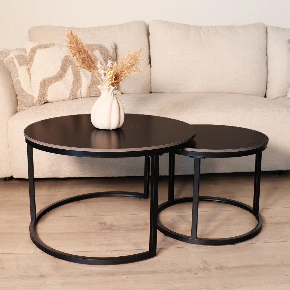 Salontafel rond 2delig marmerlook Bero zwart side table steen bijzettafel Salontafel rond 2delig marmerlook Bero zwart side table steen bijzettafel