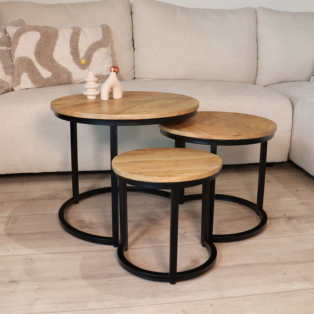 Salontafel rond 3delig lichtbruin mangohout Jaell