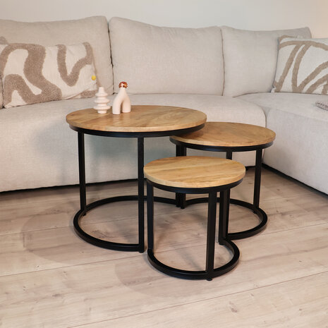 Lizzely Garden & Living Salontafel rond 3delig lichtbruin mangohout Jaell