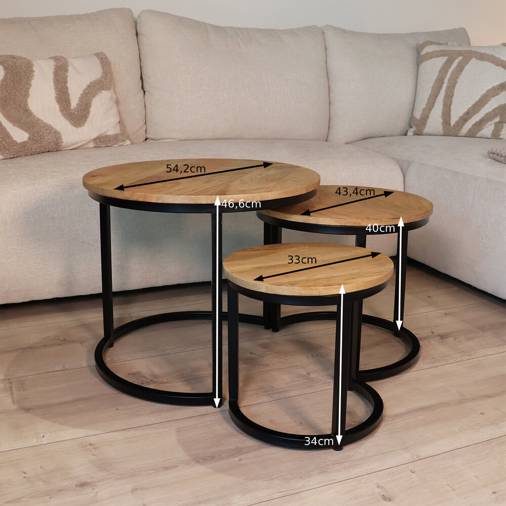 Salontafel rond 3delig lichtbruin mangohout Jaell