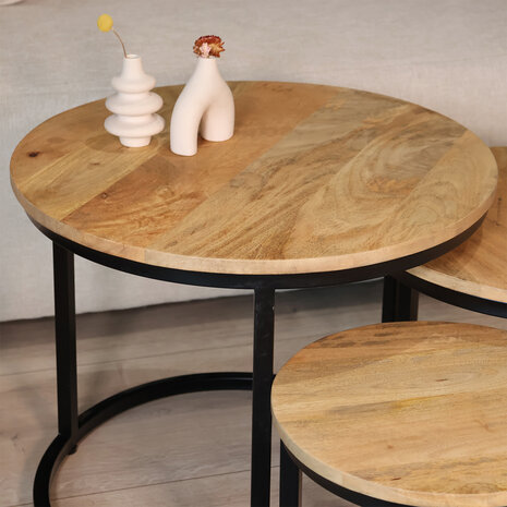 Lizzely Garden & Living Salontafel rond 3delig lichtbruin mangohout Jaell