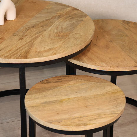 Lizzely Garden & Living Salontafel rond 3delig lichtbruin mangohout Jaell