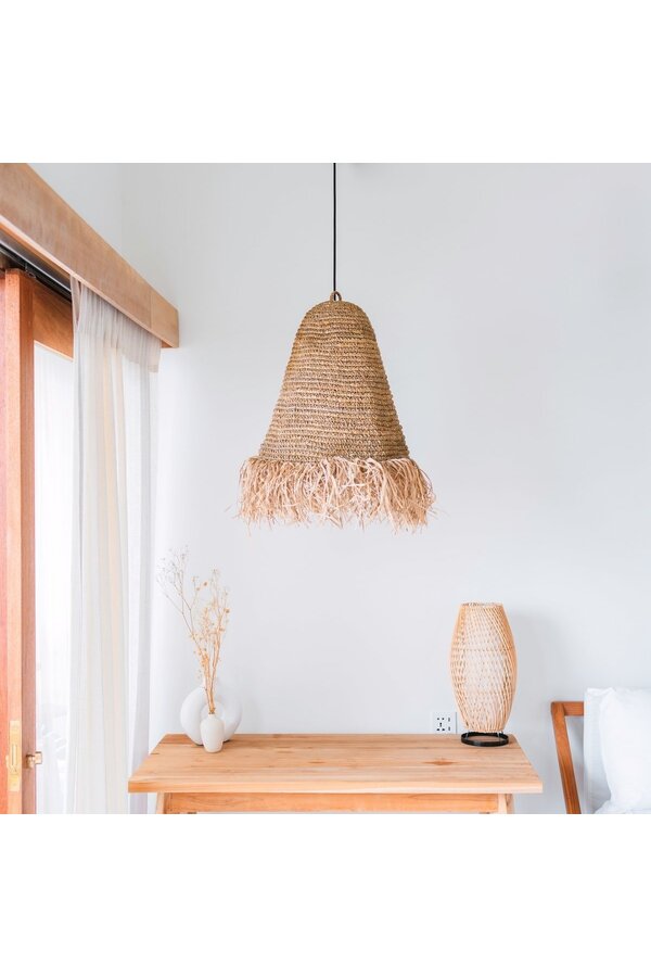Raffia Boho Lampenschirm - Hängeleuchte - Handgeflochtene Deckenleuchte mit langen Fransen (3 Größen Ø 30/40/50 cm) KALIMA