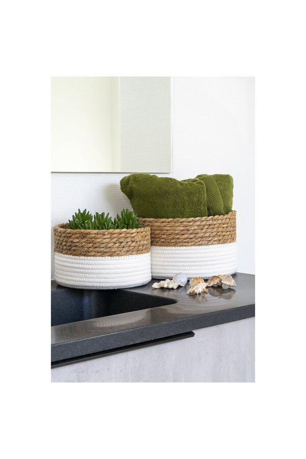 Tanta Körbe – Weiß/Natur, Baumwolle, Schilf, 25 x 25 x 15 cm – 2er-Set