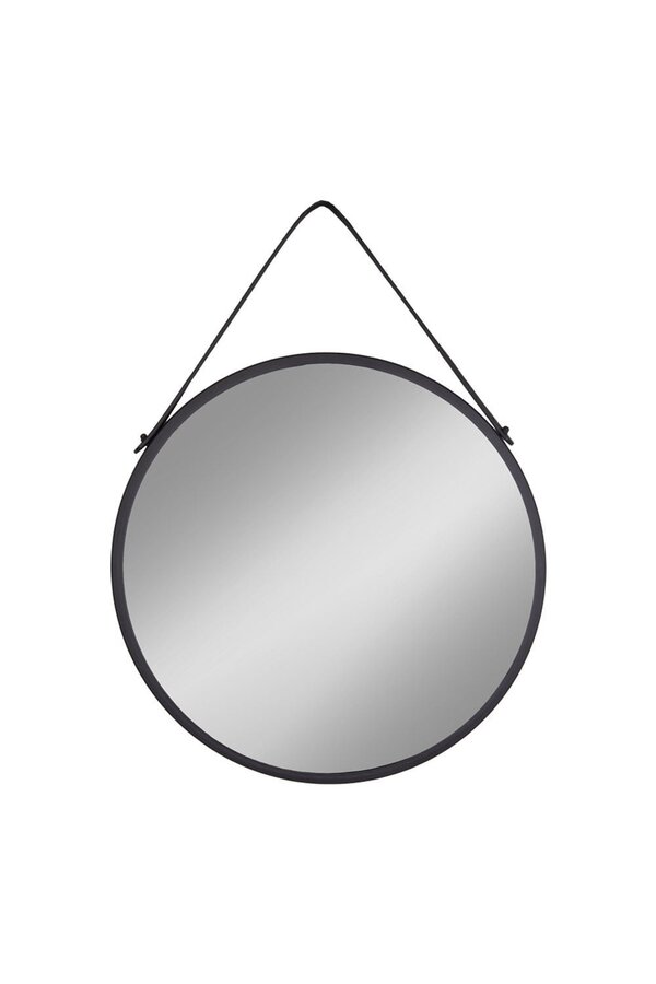 Trapani Spiegel – Schwarz, Stahl, Kunstleder, Ø 38 cm