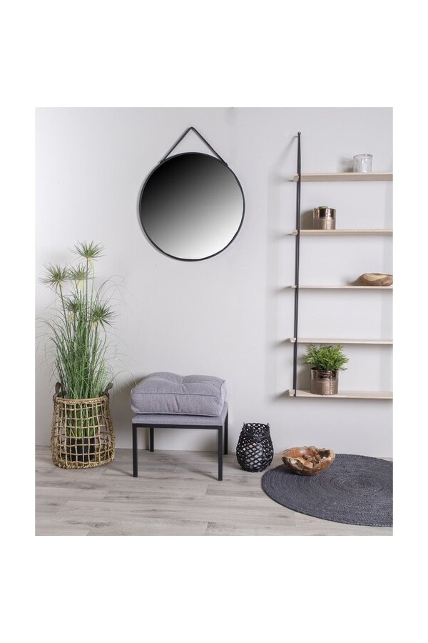 Trapani Spiegel – Schwarz, Stahl, Kunstleder, Ø 38 cm