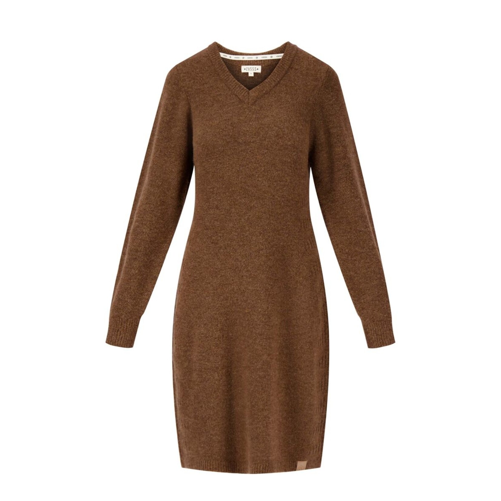 ZUSSS GEBREIDE JURK MET V-HALS HAZELNOOTBRUIN MAAT M