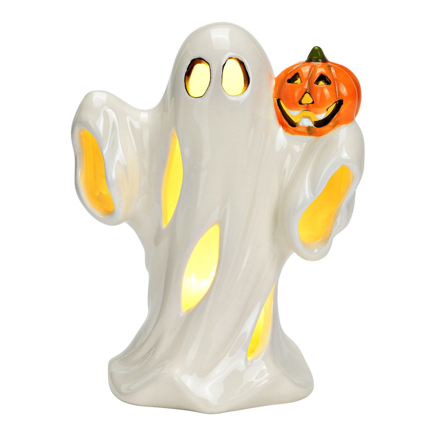 WURM GEEST MET POMPOEN WIT/ORANJE LED 12X16X9CM