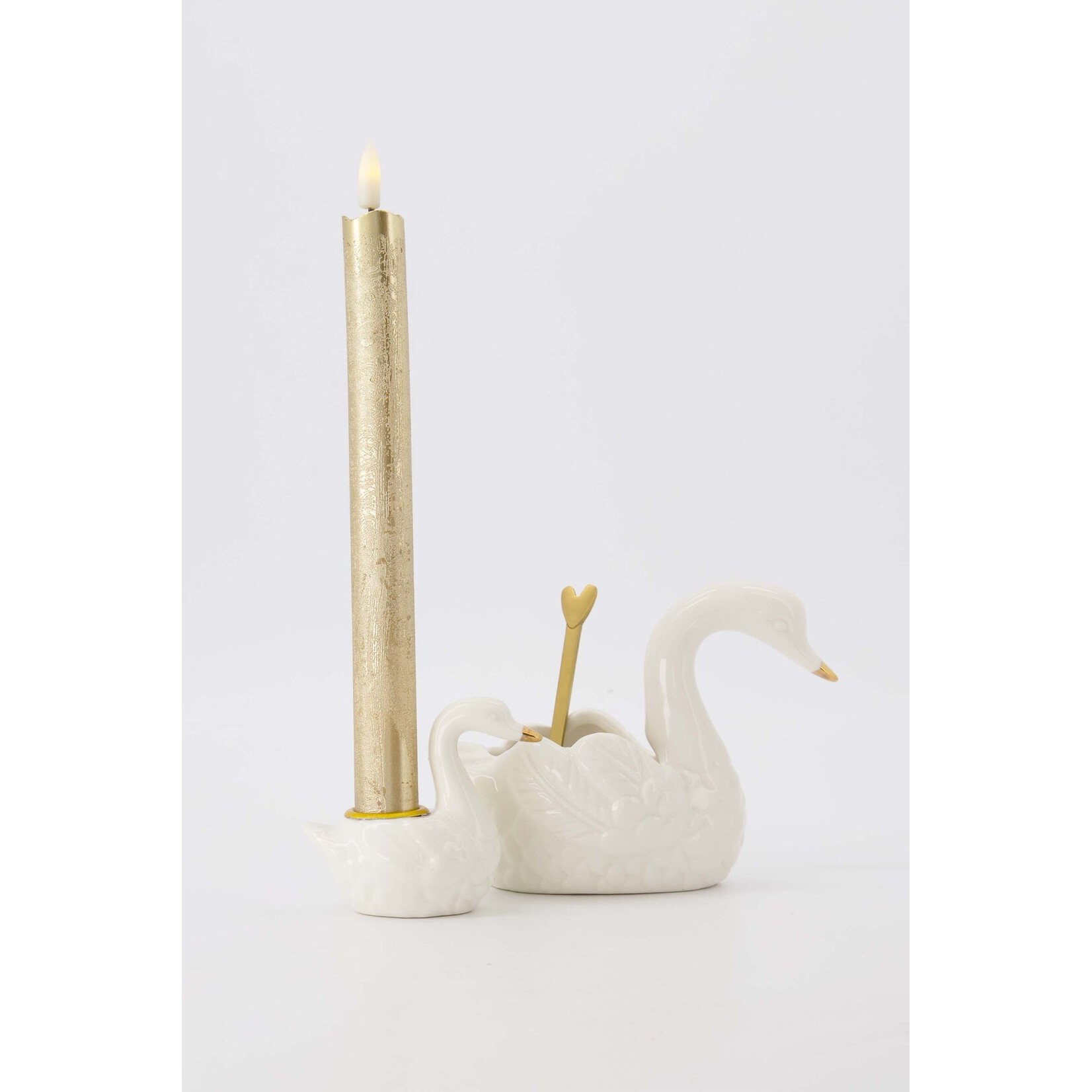 ZUSSS WAXINELICHTHOUDER  KERAMIEK ZWAAN WIT/GOUD