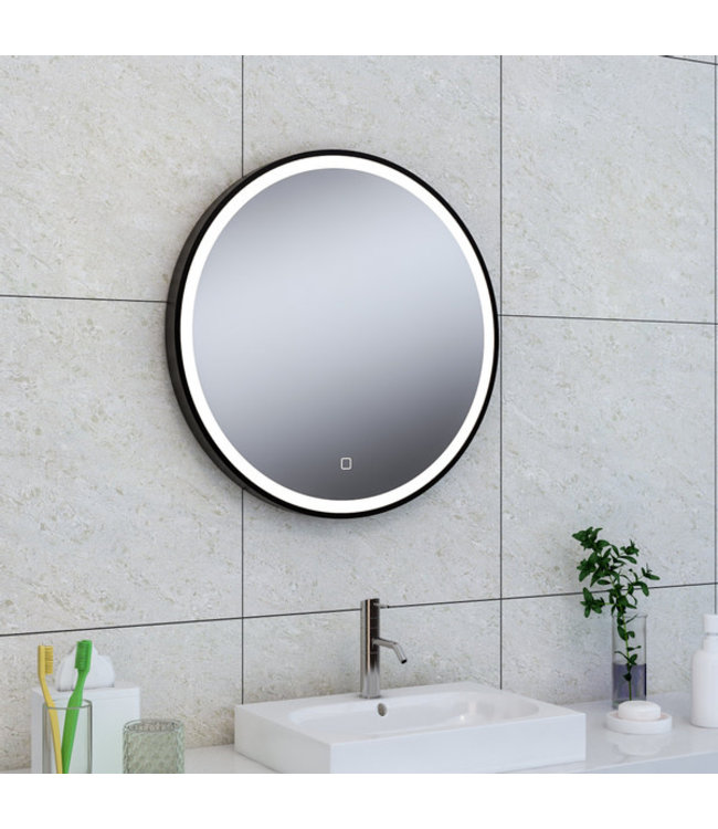 Wiesbaden Maro spiegel rond met LED, dimbaar en spiegelverwarming 60 cm mat zwart