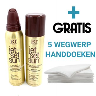 JET SET SUN Tanning Mousse, 150ml + Tanning Spray, 150ml + 5 Wegwerp Handdoeken