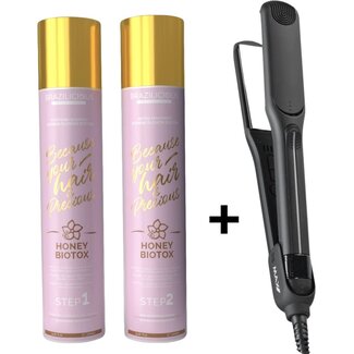 BRAZILICIOUS Biotox Honey & Jasmineflower Keratine 2 x 1000ml  & Max Pro Keratin Shine Stijltang