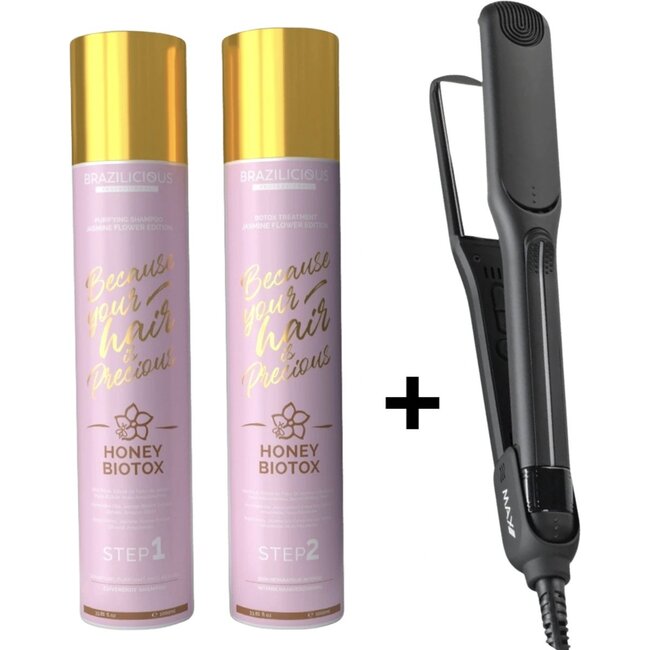 BRAZILICIOUS Biotox Honey & Jasmineflower Keratine 2 x 1000ml  & Max Pro Keratin Shine Stijltang