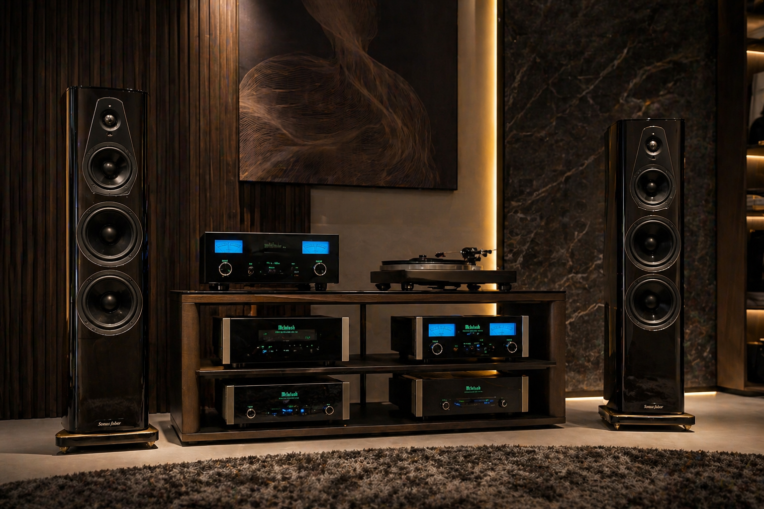 High-end hifi set met versterker en luidsprekers in luxe luisterruimte