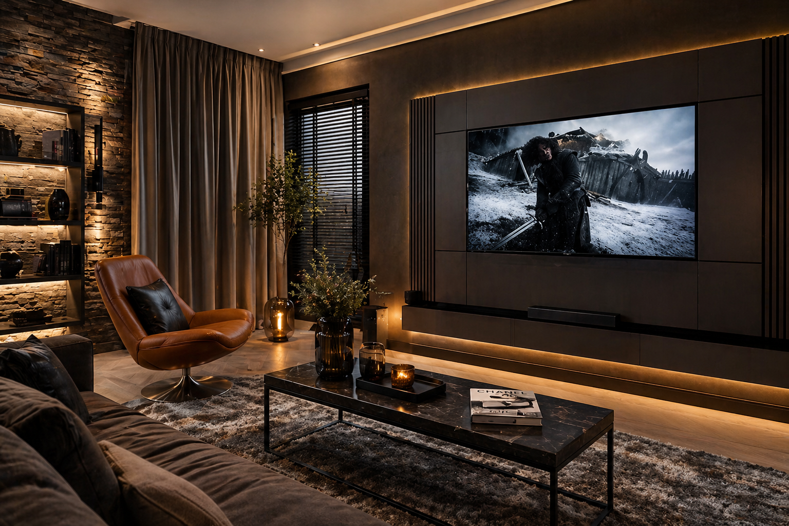Luxe home cinema wandopstelling met ingebouwd scherm en sfeervolle verlichting in high-end woonkamer