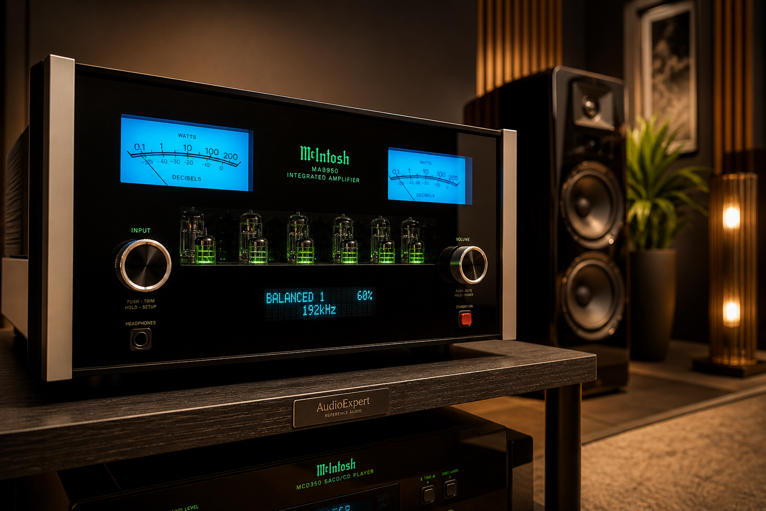 McIntosh versterker met iconische VU meters in luxe high-end hifi opstelling