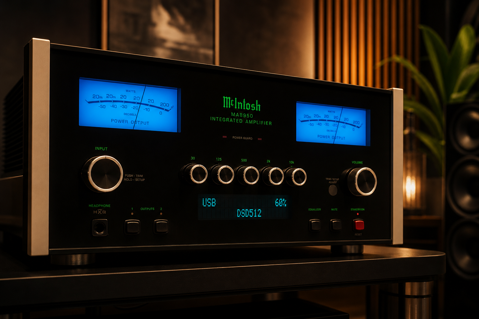 McIntosh MA8950 versterker met blauwe VU meters in luxe high-end hifi opstelling