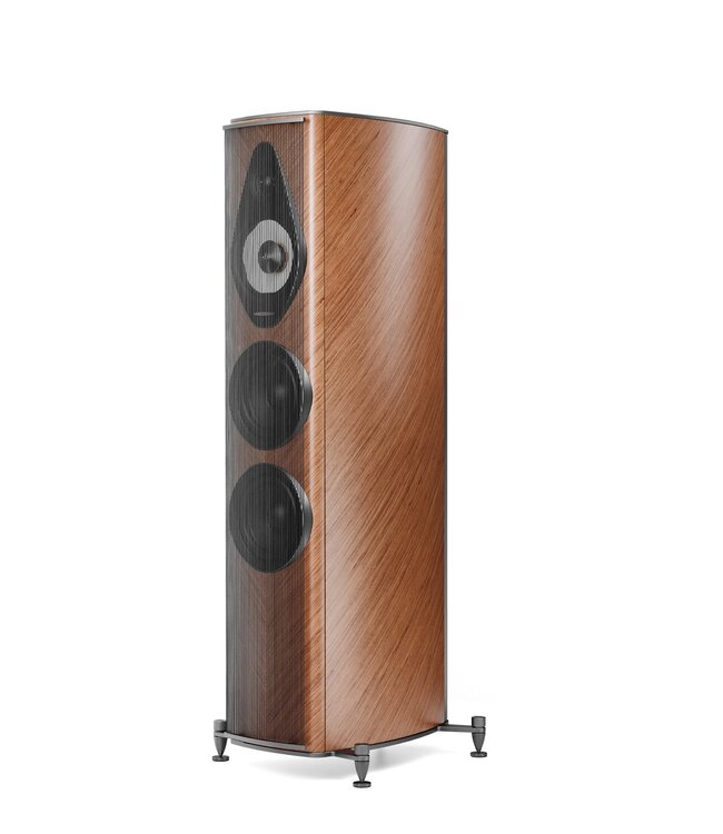 Sonus faber Olympica G3 III 3-weg vloerstaande luidspreker met 1,1-inch Damped Apex Dome-tweeter, 6,5-inch Camelia-midrange met stofvering, twee 6,5-inch woofers, Phase Coherence Crossover met IFF Paracross Topology en 45-graden herringbone fineer