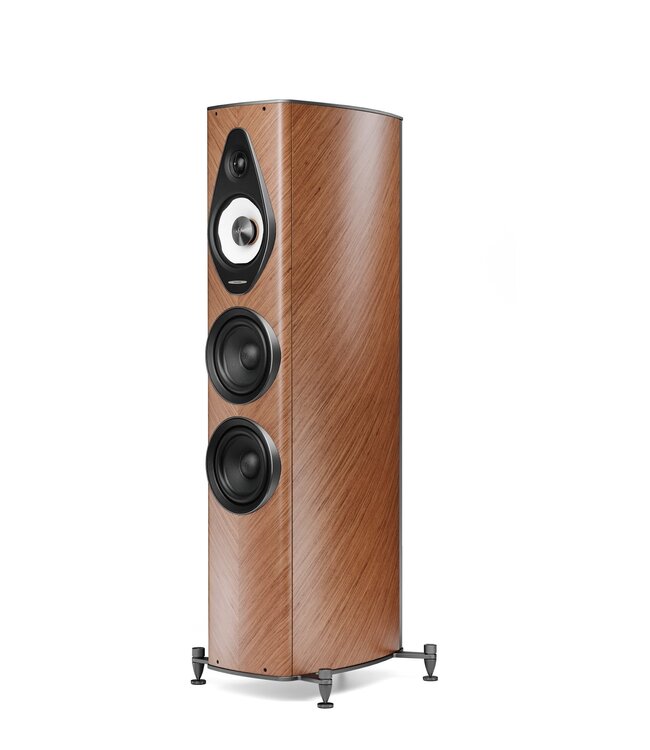 Sonus faber Olympica G3 III 3-weg vloerstaande luidspreker met 1,1-inch Damped Apex Dome-tweeter, 6,5-inch Camelia-midrange met stofvering, twee 6,5-inch woofers, Phase Coherence Crossover met IFF Paracross Topology en 45-graden herringbone fineer