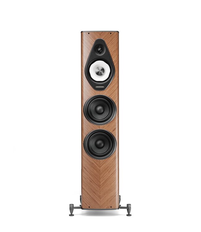 Sonus faber Olympica G3 III 3-weg vloerstaande luidspreker met 1,1-inch Damped Apex Dome-tweeter, 6,5-inch Camelia-midrange met stofvering, twee 6,5-inch woofers, Phase Coherence Crossover met IFF Paracross Topology en 45-graden herringbone fineer