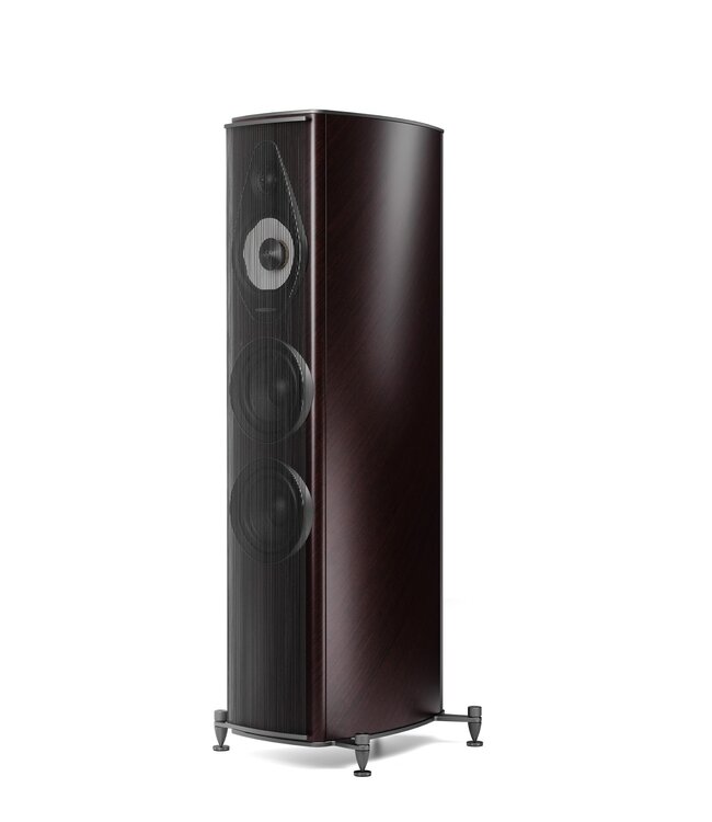 Sonus faber Olympica G3 III 3-weg vloerstaande luidspreker met 1,1-inch Damped Apex Dome-tweeter, 6,5-inch Camelia-midrange met stofvering, twee 6,5-inch woofers, Phase Coherence Crossover met IFF Paracross Topology en 45-graden herringbone fineer