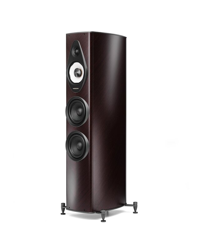 Sonus faber Olympica G3 III 3-weg vloerstaande luidspreker met 1,1-inch Damped Apex Dome-tweeter, 6,5-inch Camelia-midrange met stofvering, twee 6,5-inch woofers, Phase Coherence Crossover met IFF Paracross Topology en 45-graden herringbone fineer
