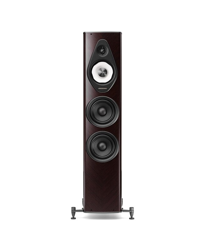 Sonus faber Olympica G3 III 3-weg vloerstaande luidspreker met 1,1-inch Damped Apex Dome-tweeter, 6,5-inch Camelia-midrange met stofvering, twee 6,5-inch woofers, Phase Coherence Crossover met IFF Paracross Topology en 45-graden herringbone fineer