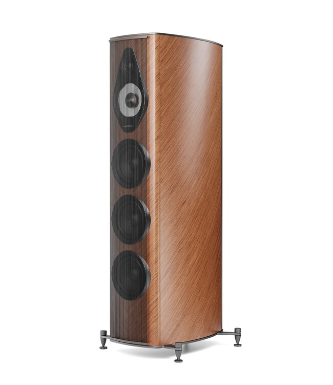 Sonus faber Olympica G3 V: flagship 3-weg vloerstaande luidspreker met 1,1-inch Damped Apex Dome-tweeter, 6,5-inch Camelia-midrange met stofvering, drie 6,5-inch woofers, Phase Coherence Crossover met IFF Paracross Topology en 45-graden herringbone fineer