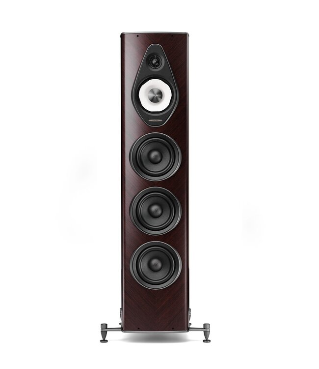 Sonus faber Olympica G3 V: flagship 3-weg vloerstaande luidspreker met 1,1-inch Damped Apex Dome-tweeter, 6,5-inch Camelia-midrange met stofvering, drie 6,5-inch woofers, Phase Coherence Crossover met IFF Paracross Topology en 45-graden herringbone fineer
