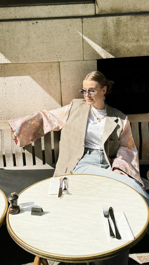 Rebelle Kimono Blazer Checkered Beige Pink Flowers L/XL