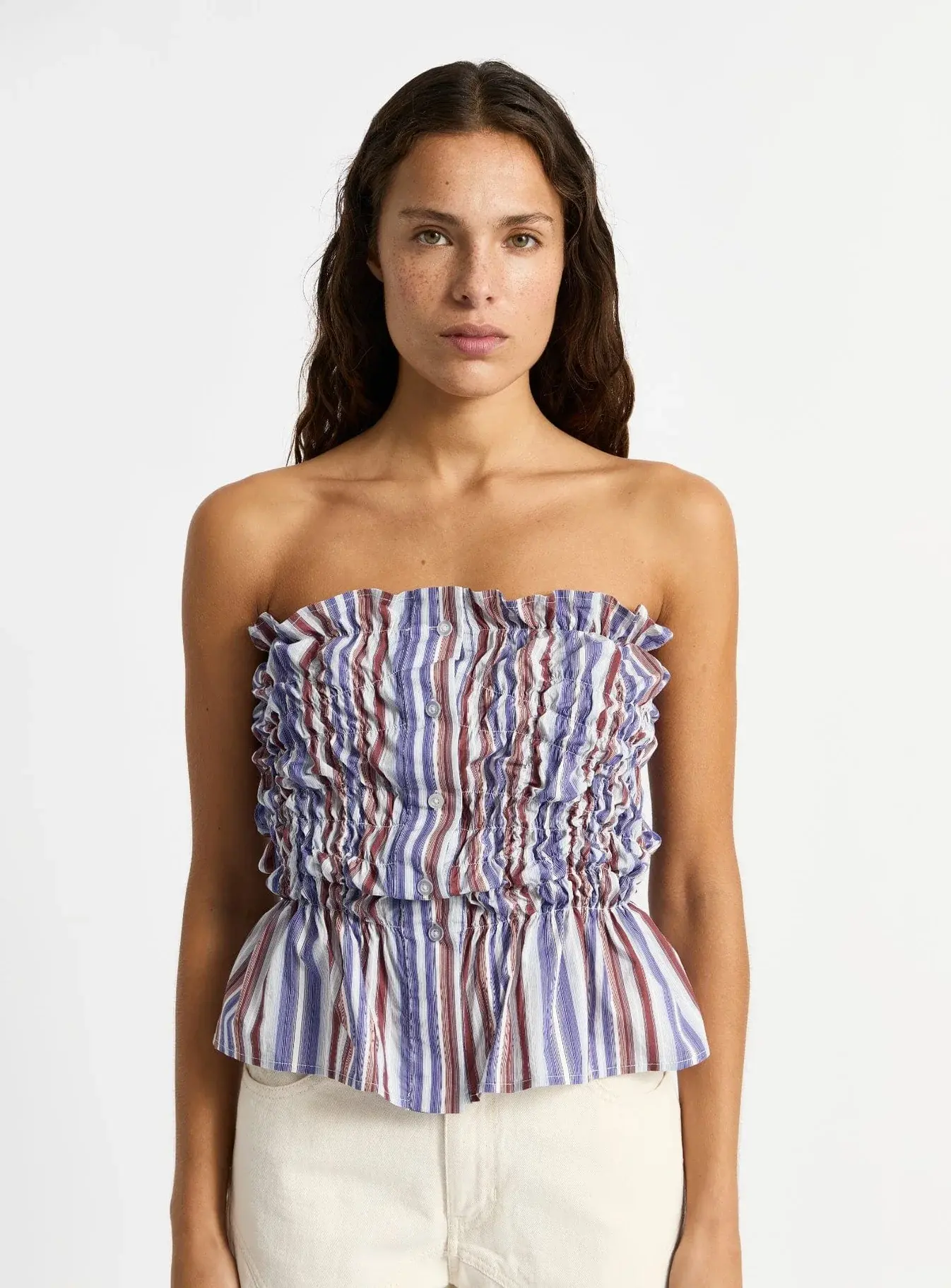 LAAGAM Susan Blue Striped Ruched Top