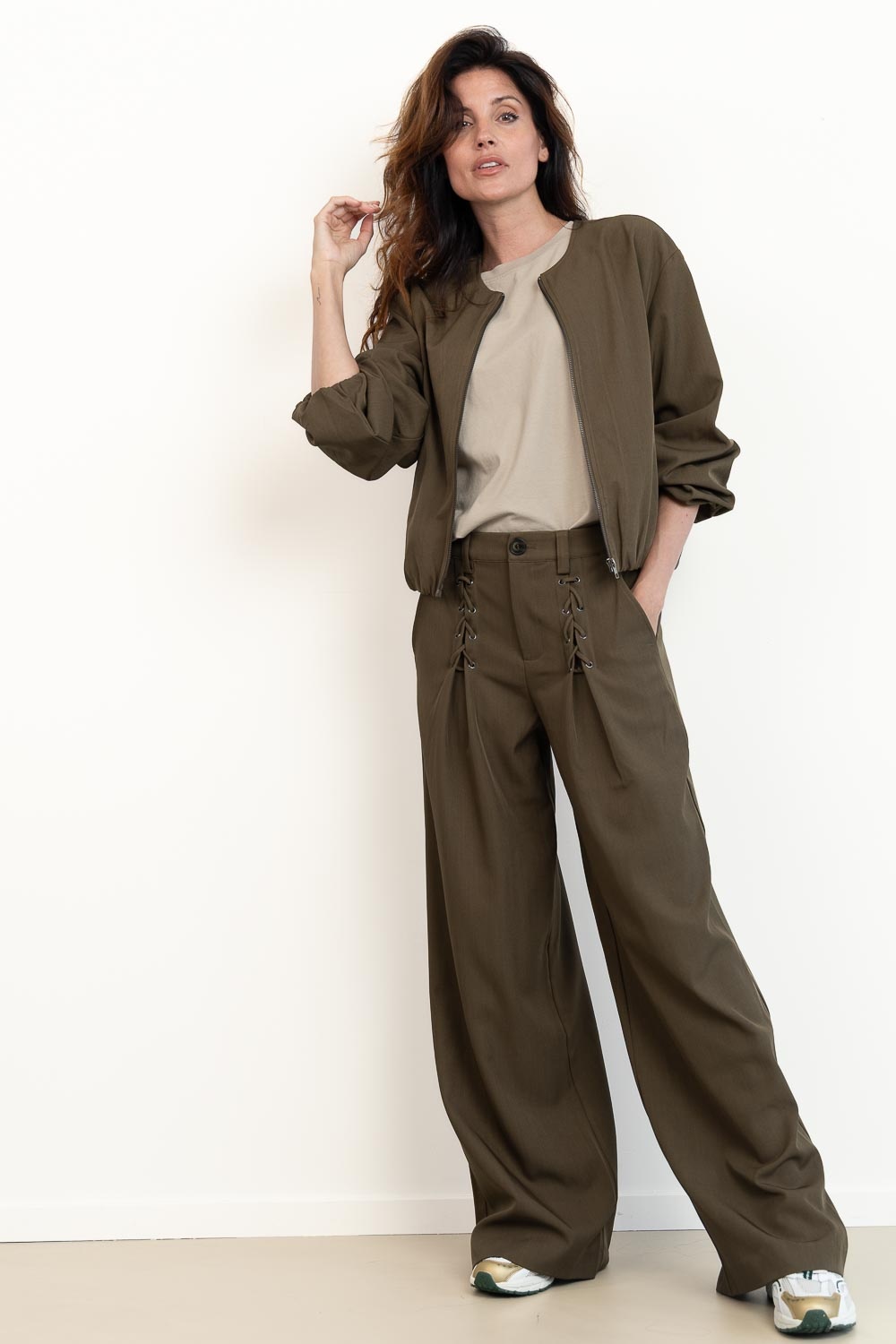 CO'COUTURE Luna CC Wijde Broek - Militair olijfgroen