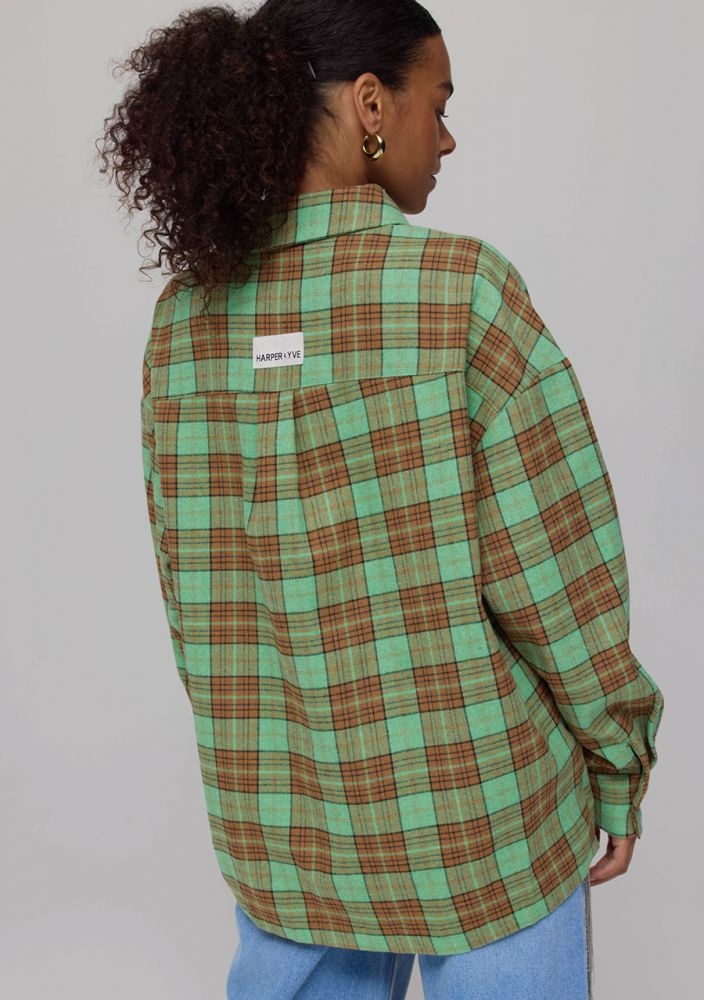 HARPER & YVE Selena Checkered Shirt - Green Brown