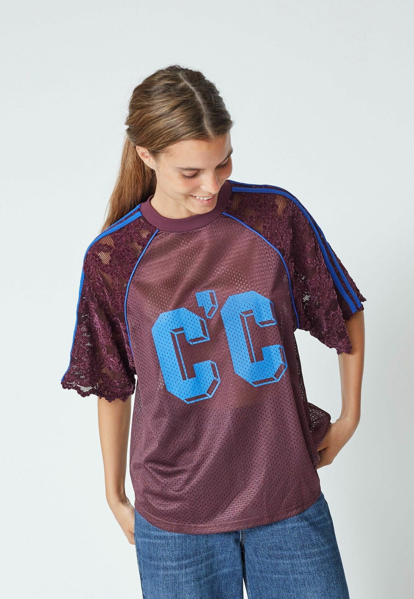 CO'COUTURE Trey CC Lace Tee New Blue