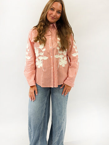 MM Billie Blouse Orange Stripes Flower Embroidery