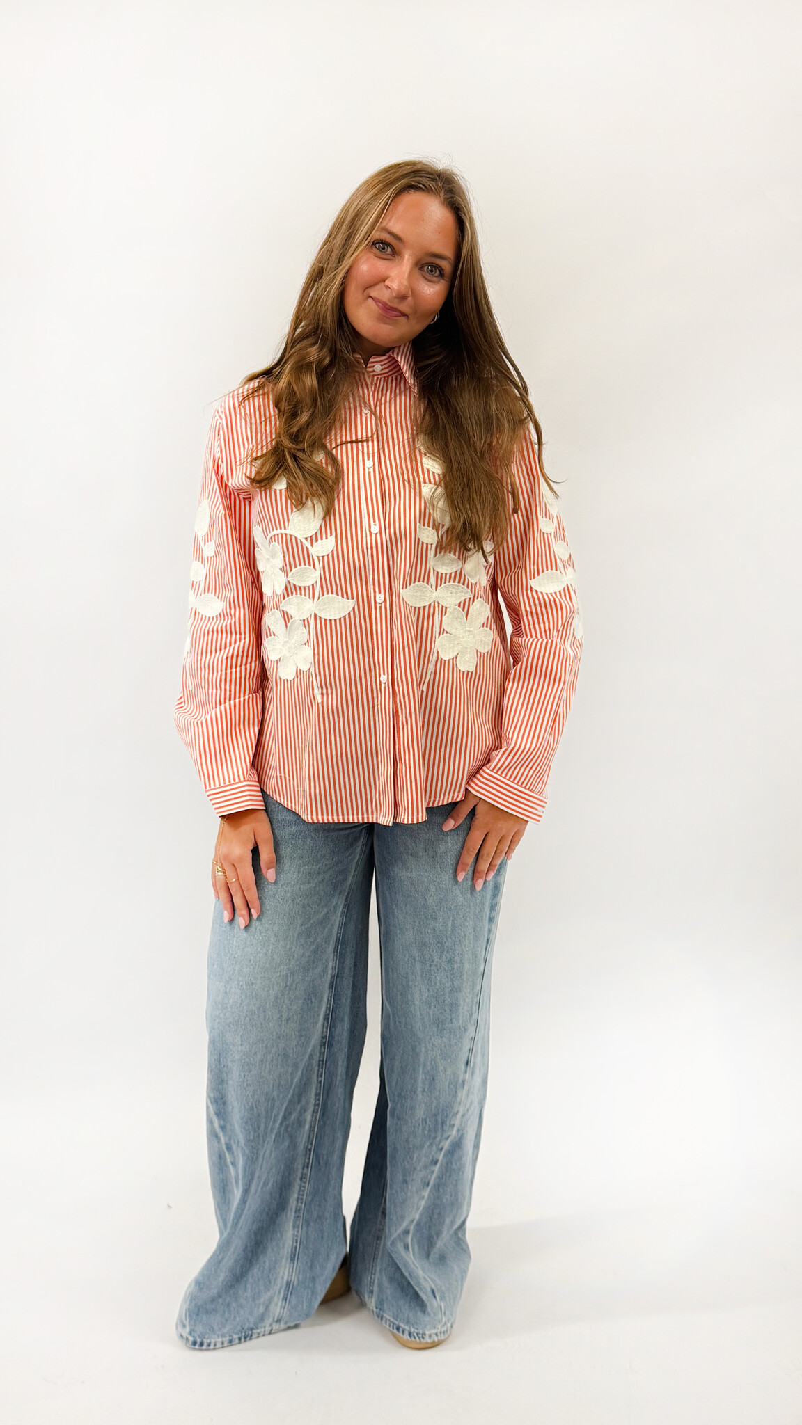 MM Billie Blouse Orange Stripes Flower Embroidery