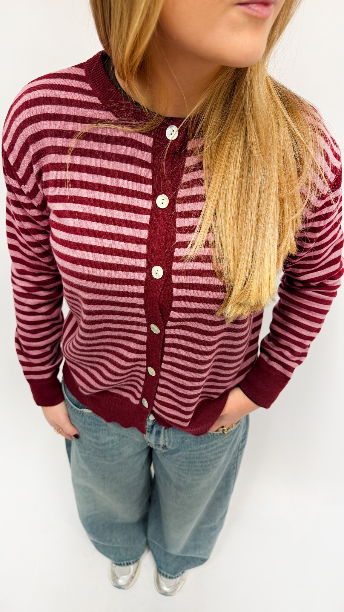 MM Juliette Cardigan Pink Burgundy Stripes TU