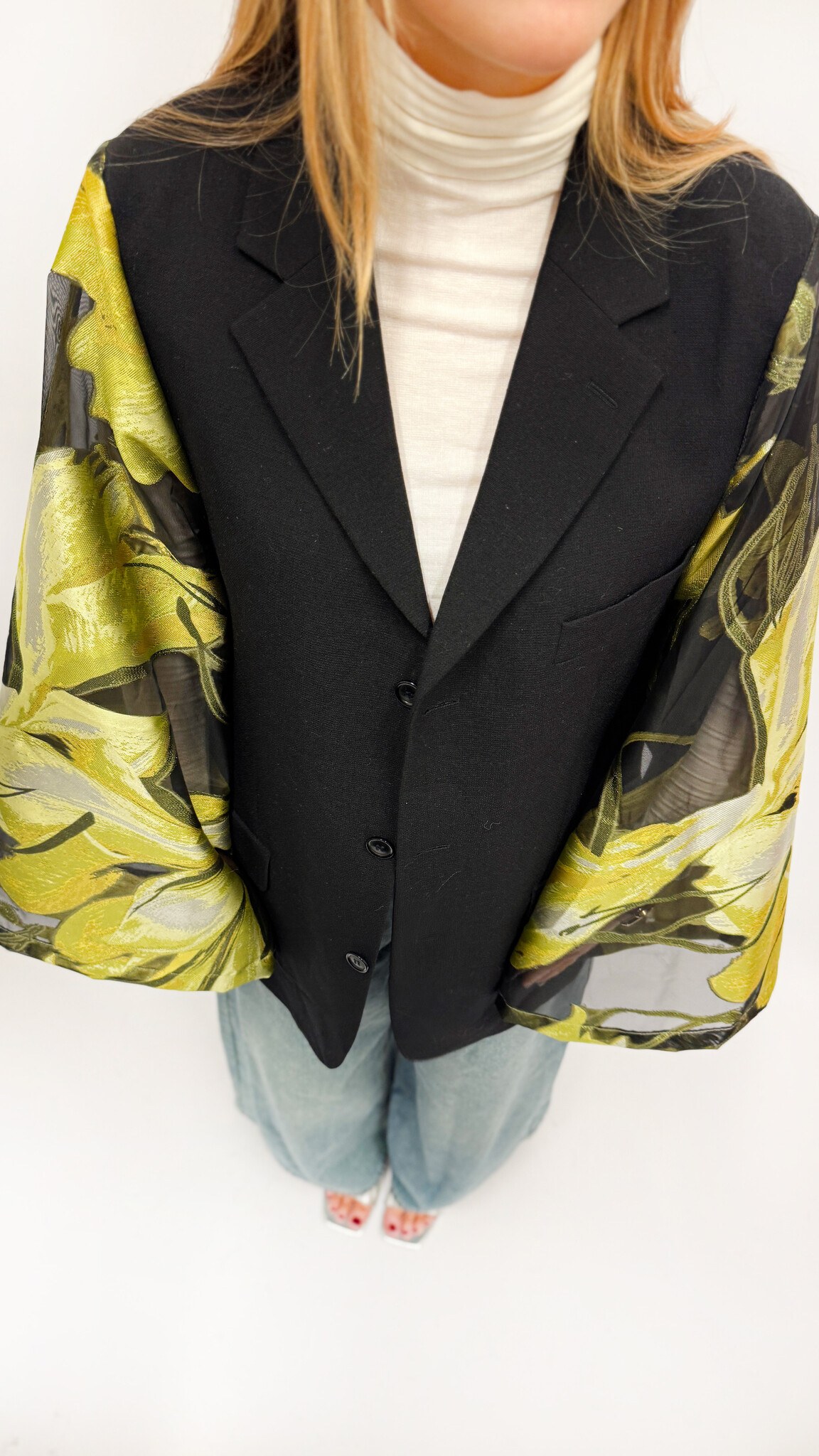 REBELLE Kimono Blazer Black Yellow Flowers S/M