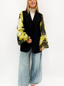 REBELLE Kimono Blazer Black Yellow Flowers S/M