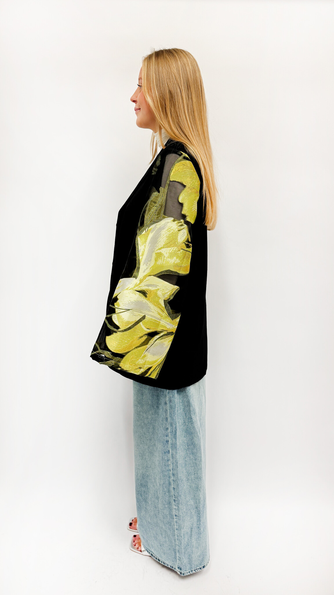 REBELLE Kimono Blazer Black Yellow Flowers S/M