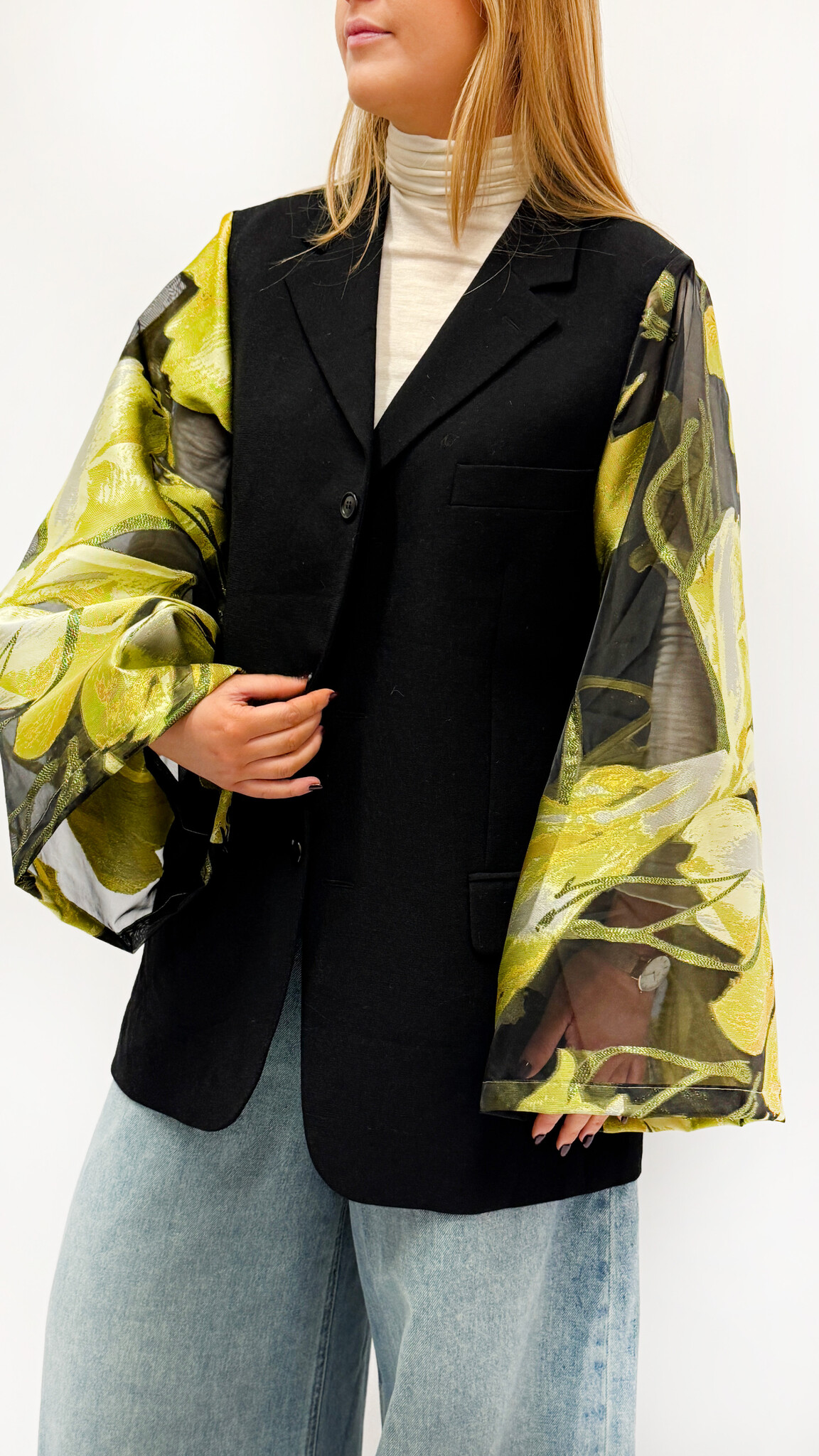 REBELLE Kimono Blazer Black Yellow Flowers S/M