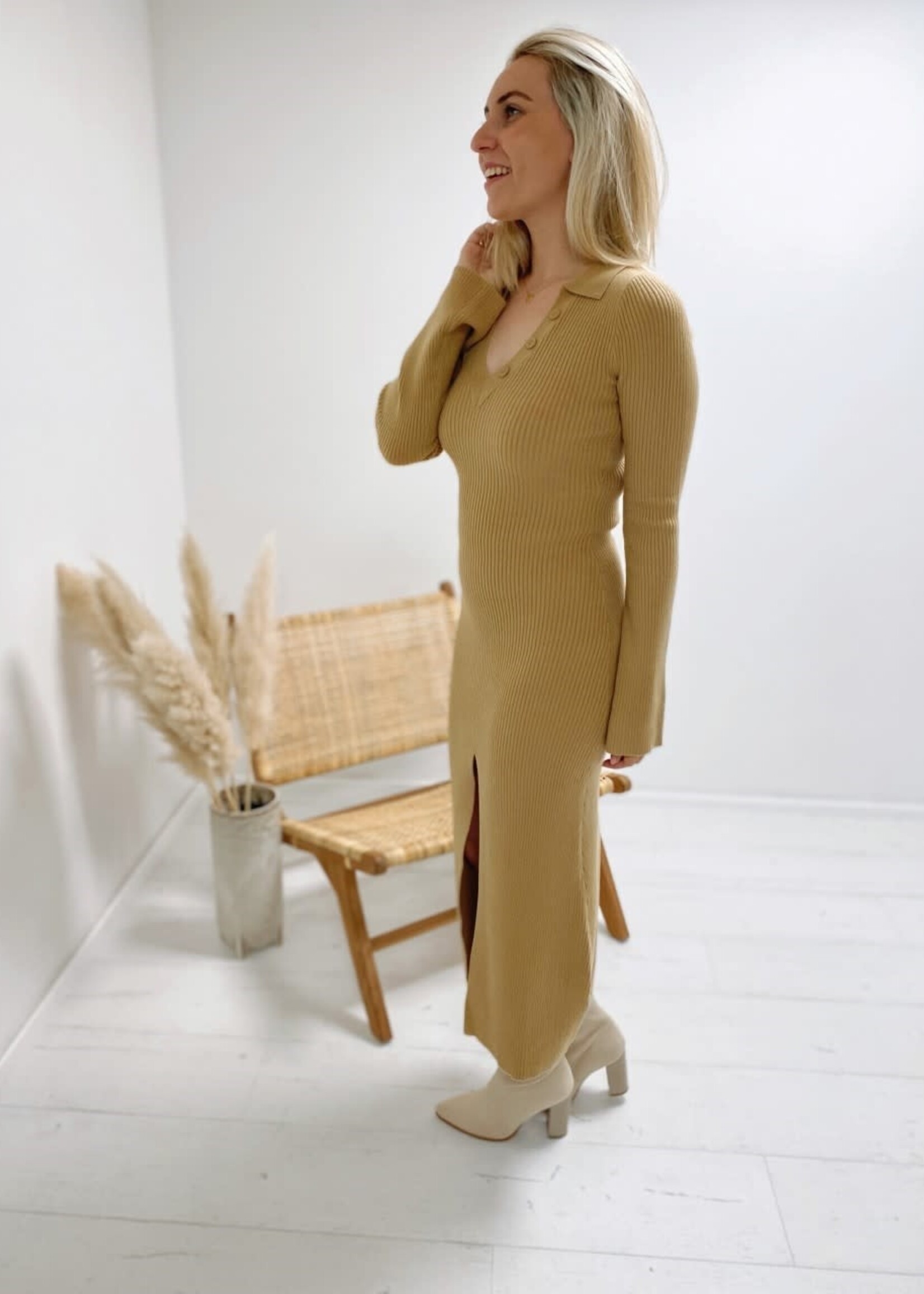 Luna Button V-Neck Knit Dress Camel