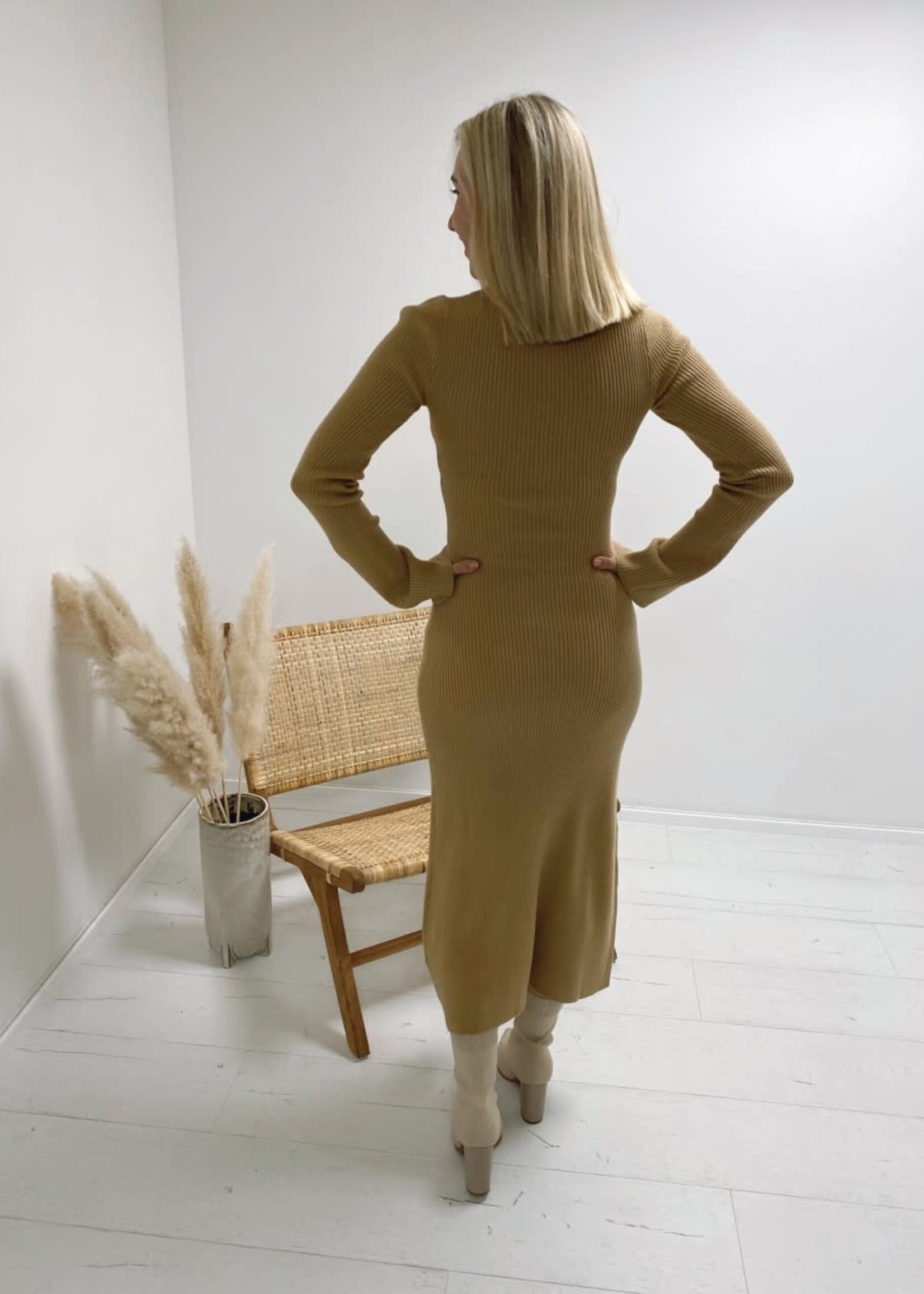 Luna Button V-Neck Knit Dress Camel