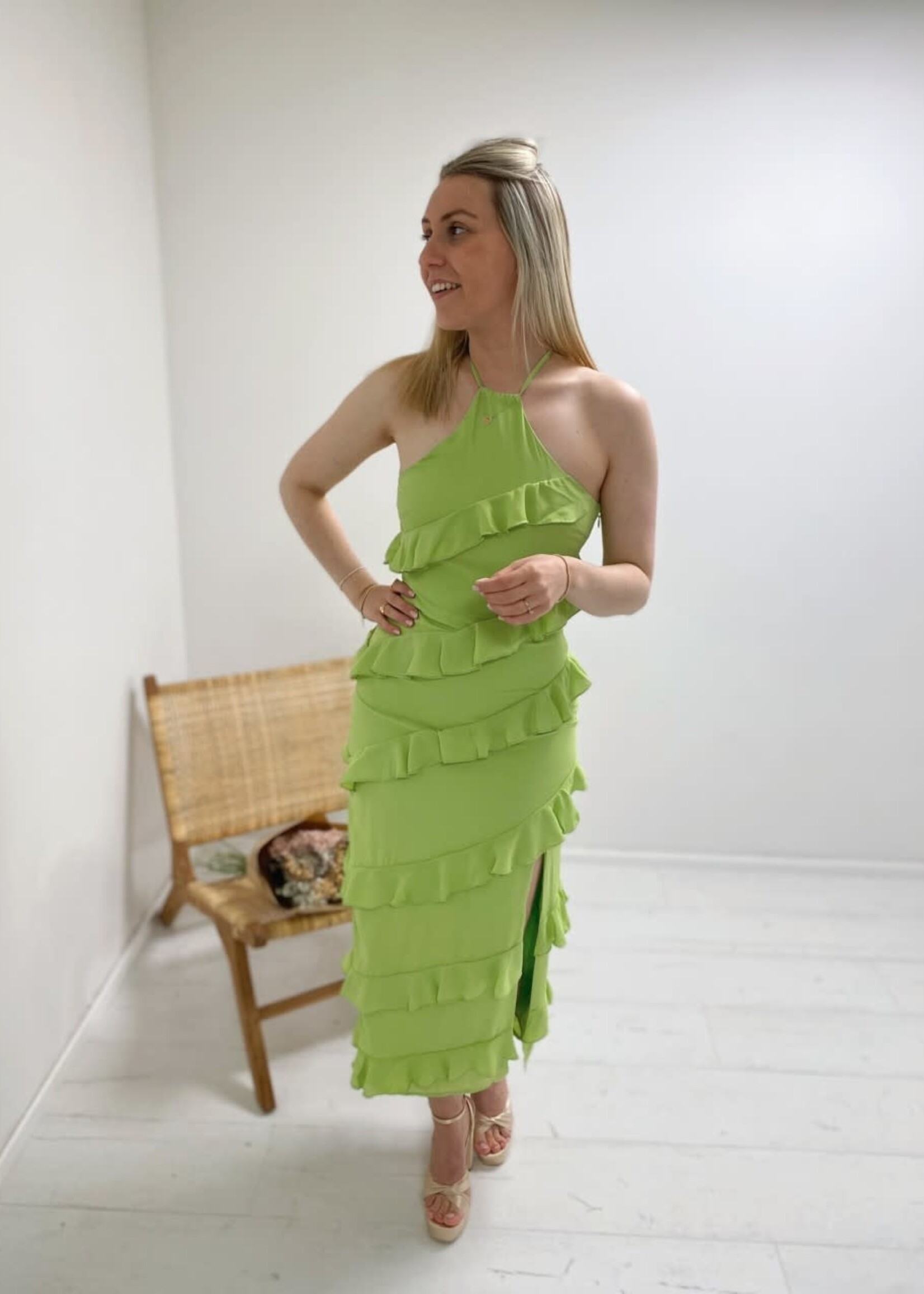 Katy Ruffle Midaxi Dress- Apple Green