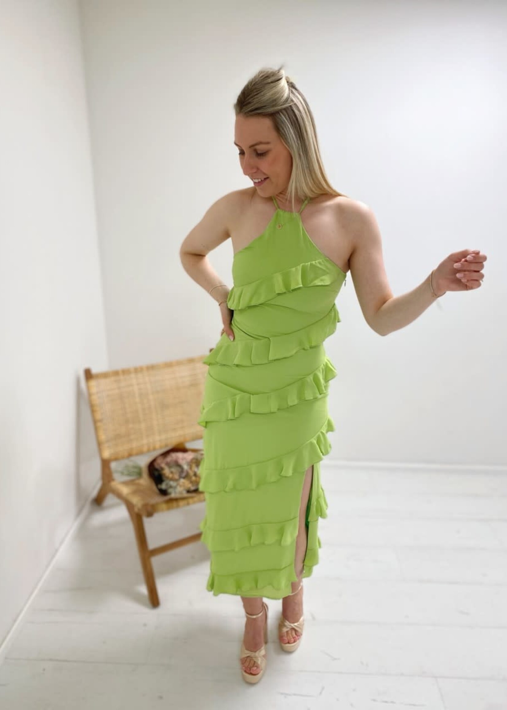 Katy Ruffle Midaxi Dress- Apple Green