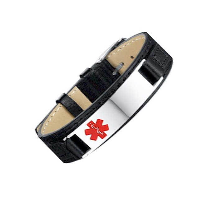 MediSieraad armband zwart leer met RVS plaatje - Incl. Gravering