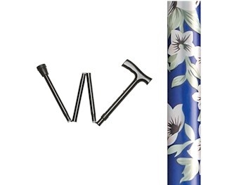 Wandelstok opvouwbaar - Blauw met Bloemen - houten contour handgreep, foto 2 van 4