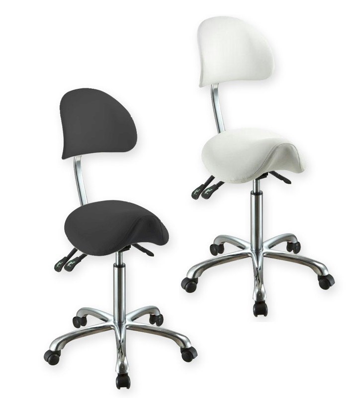 Ergo-Saddle zadelkruk met rugleuning, kantelbare zitting en aluminium onderframe