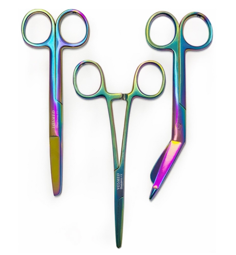 Satillo Verpleegkundige Scharenset Metallic Rainbow – Verbandschaar, Chirurgische Schaar & Kocher (met Naam)
