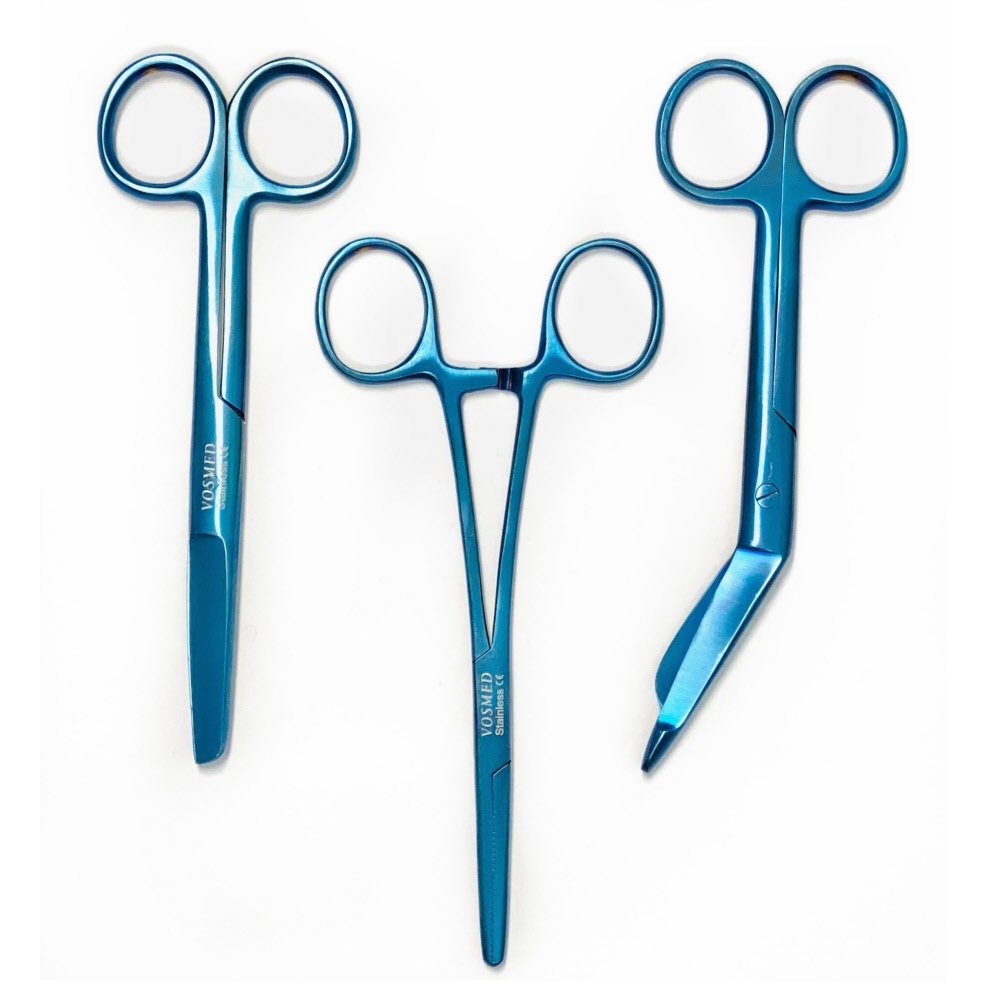 Satillo Verpleegkundige Scharenset Metallic Blue – Verbandschaar, Chirurgische Schaar & Kocher (met Naam)